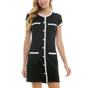 NWT Macy’s City Studio Black And White Button Front Cap Sleeve Dress